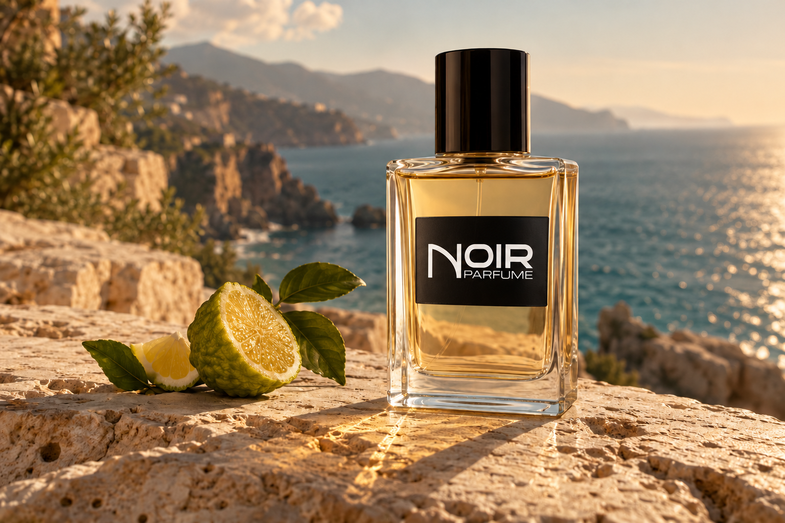 A bottle with the NOIR PARFUME brand label by the sea